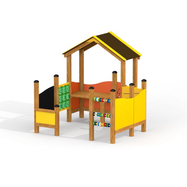 Drewniany plac zabaw Omega z liczydłem i ścianką wspinaczkową dla dzieci.